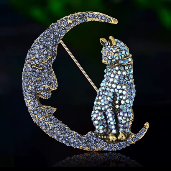 Betsey Johnson Jewelry - Betsey Johnson Crystal Cat Moon Brooch